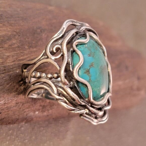 Shablool Didae Turquoise Sterling Waves Bead Filigree Ring - Picture 4 of 9